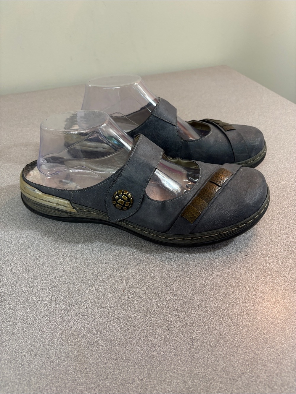 Rieker Gray Slip-On Mary Jane Mules with Decorative Strap